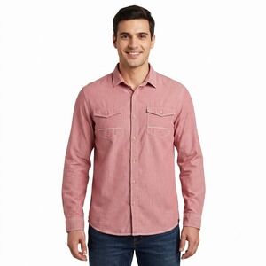 People Mens Slim Fit Long Sleeve Button Up Shirt Salmon Pink Cotton L